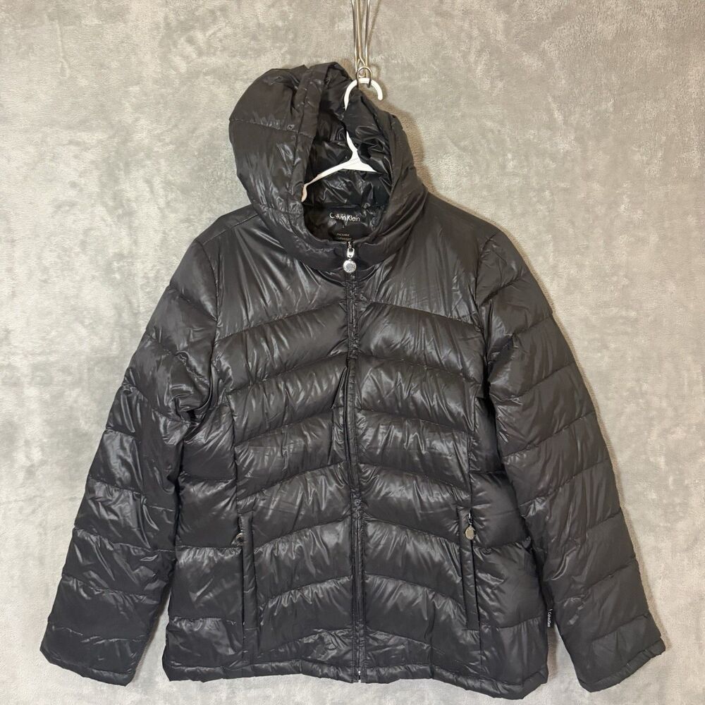 Calvin Klein Down Puffer Jacket Black Women L Hooded Outdoor Full Zip Packable